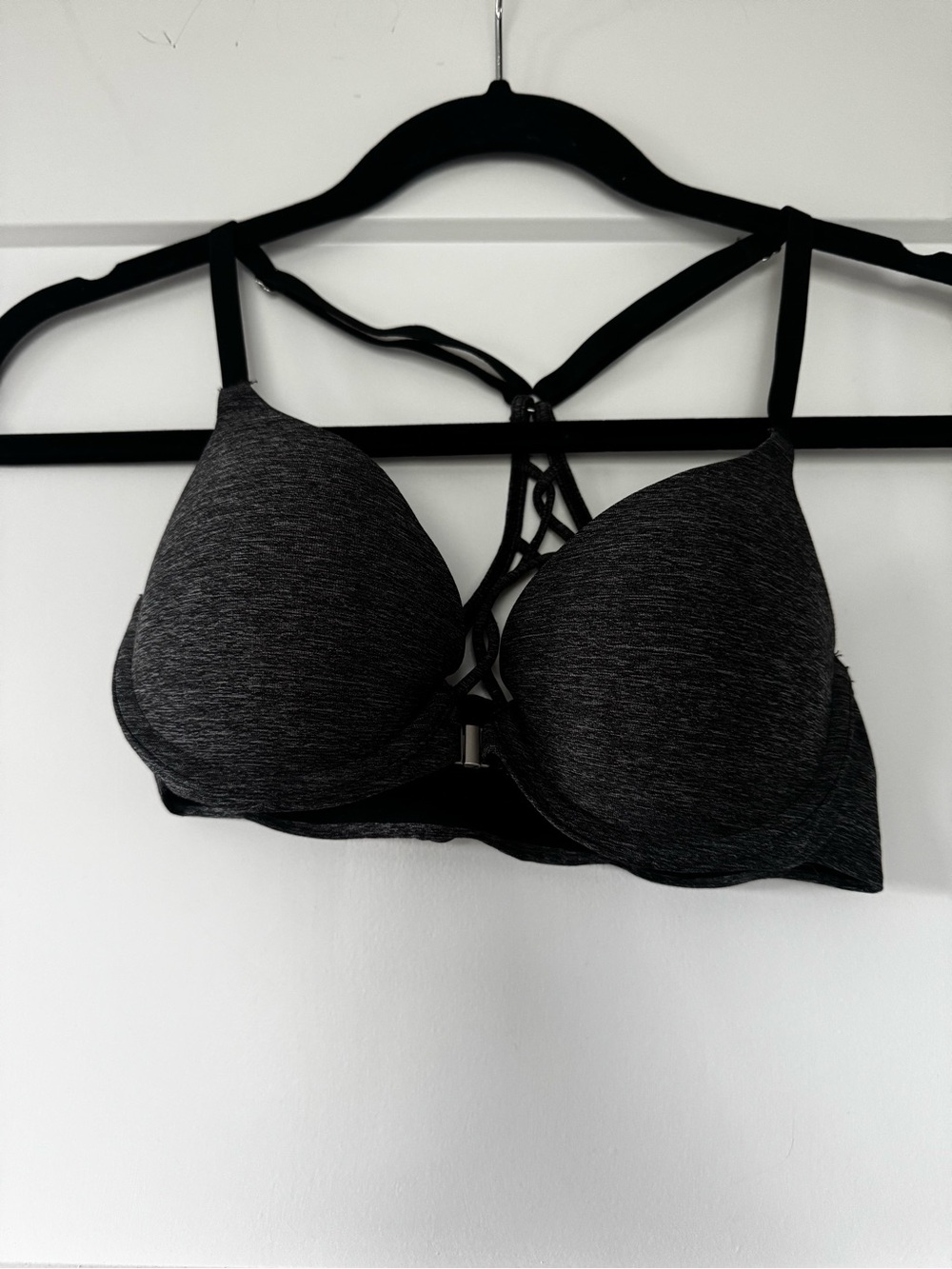 aerie Heathered Charcoal Gray Strappy Front Padded Bra